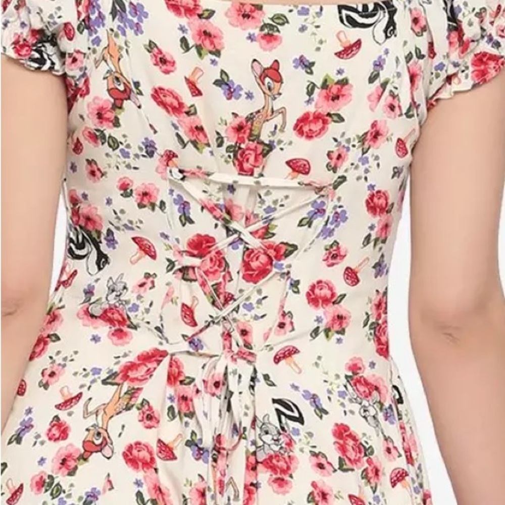 DISNEY BAMBI Floral PUFF SLEEVE MIDI DRESS! Thumper Flower Lace Up Mushrooms NWT - Picture 4 of 7